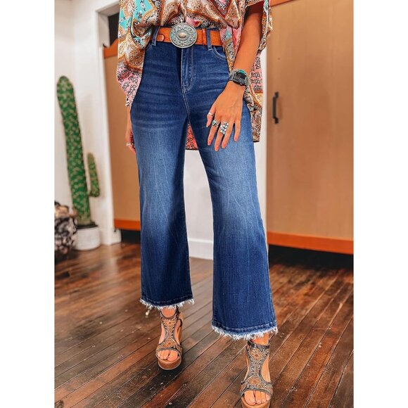 Womens High Waisted Flared Jeans Stretch Raw Hem Retro Wide Leg Pants - Picture 2 of 8